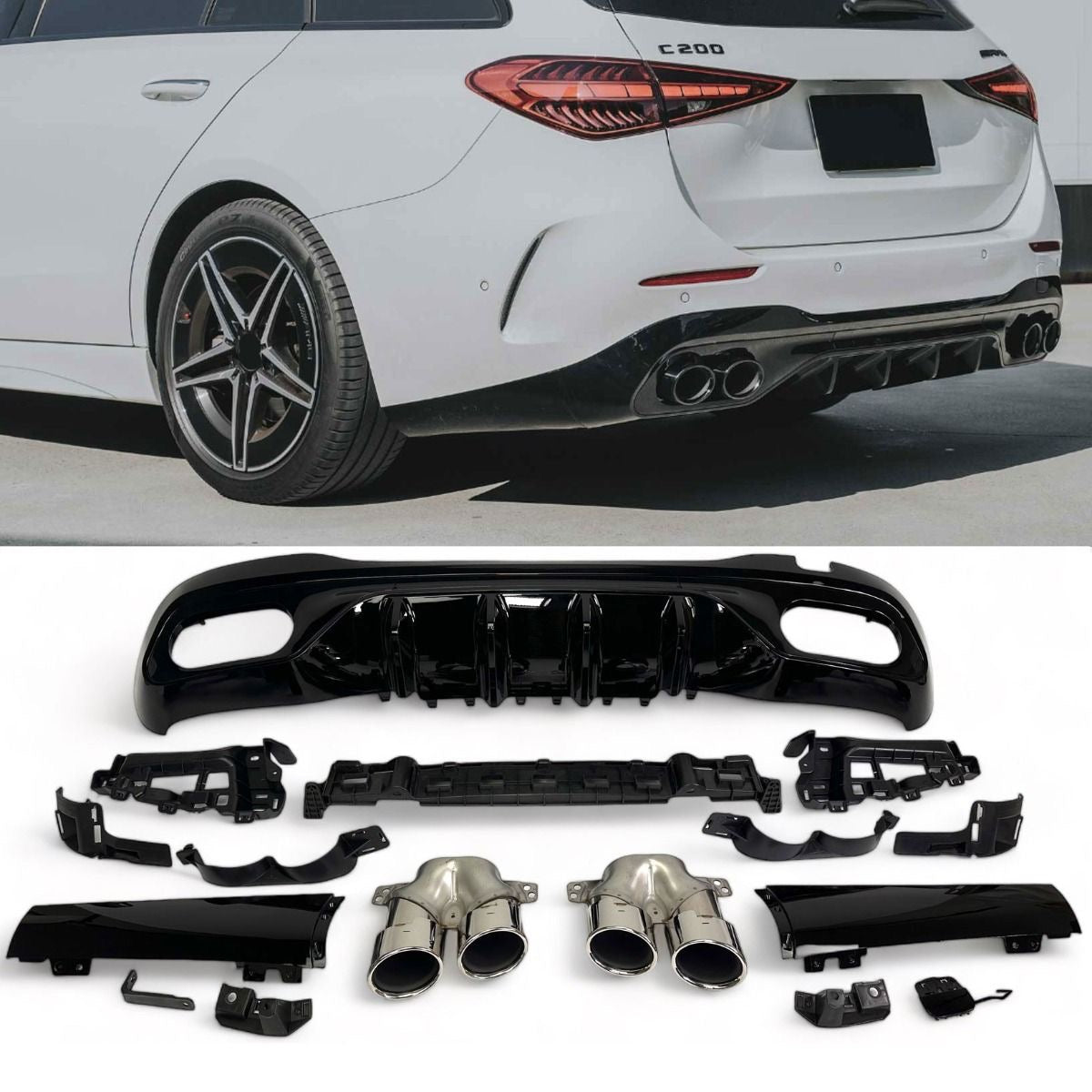 Sport Diffuser geschikt voor Mercedes C-Klasse W206 & S206 met AMG-Line + uitlaatstukken chrome