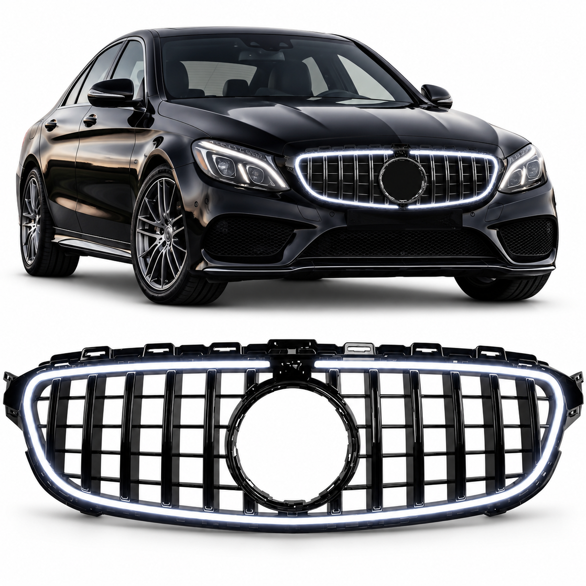 Mercedes W205 met Panamerica grill met LED en los product op witte achtergrond